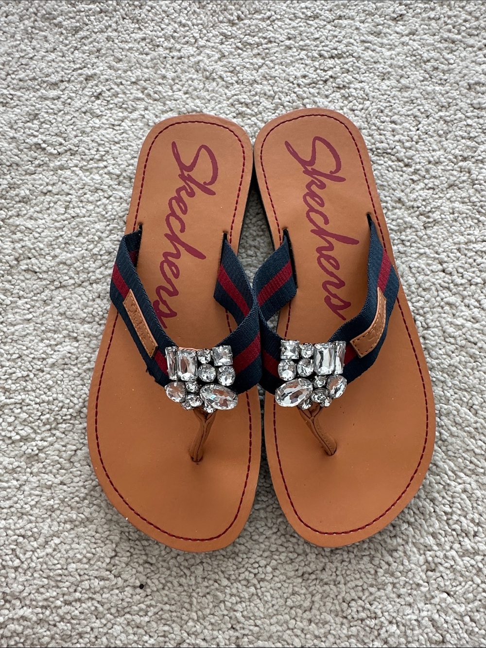 Skechers Women’s Tan Flip Flop Sandals with Navy Straps and Jewel Accent 6